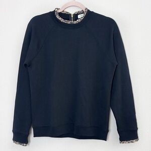 J. Crew Woven ruffleneck pullover sweatshirt in black w/cheetah leopard print S
